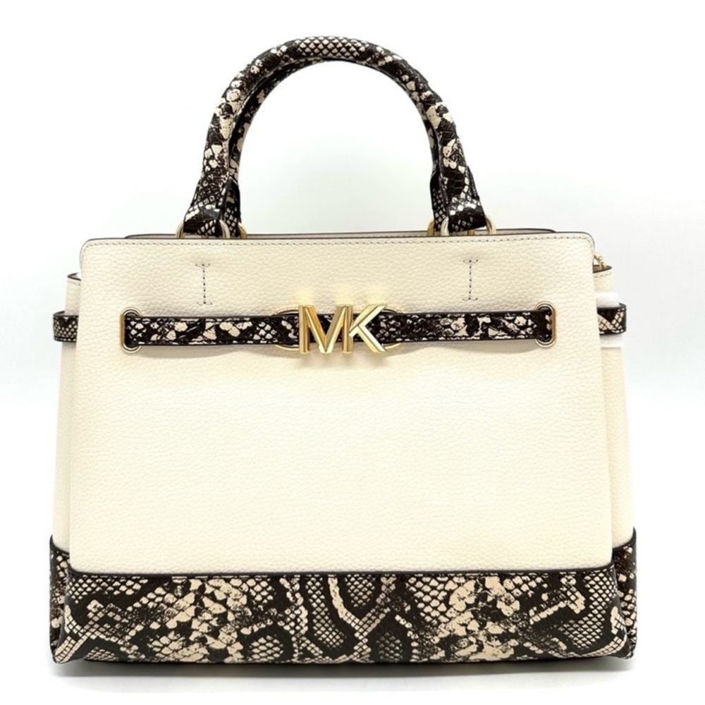 Michael Kors Large Reed Leather Belted Satchel Crossbody Bag Cream Snakeskin